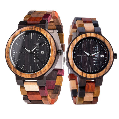 BOBO BIRD Wood Watch Men Women Quartz Week Date Couple Timepiece Colorful Wooden Band Logo Customize Gift Wholesale Dropship