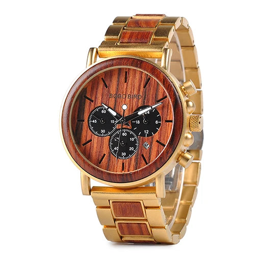 BOBOBIRD Luxury Men Watch Top Quartz Chronograph Personalized Wristwatch Timepiece Metal Wooden Strap Gift Box relogio masculino