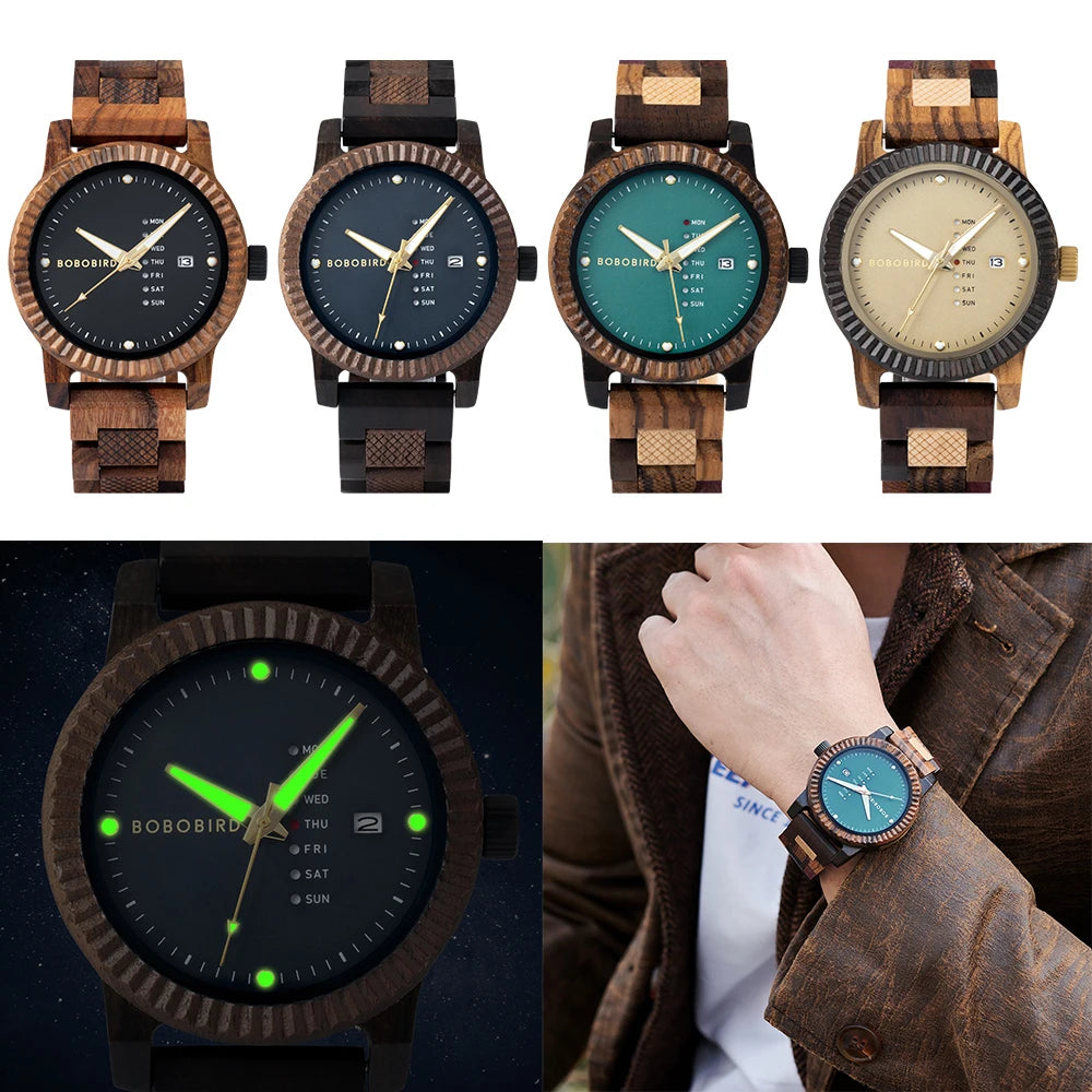 Men's Quartz Watch Simple Fashion New Couple Wooden Watch BOBOBIRD Top Brand Timepieces Week Date Display Custom Unique Gift Box